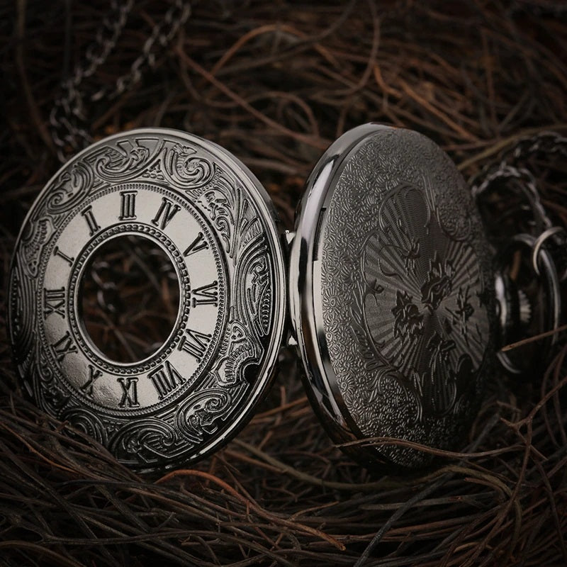 Retro Stylish Roman Numerals Dial Hollow Case Quartz Pocket Watches