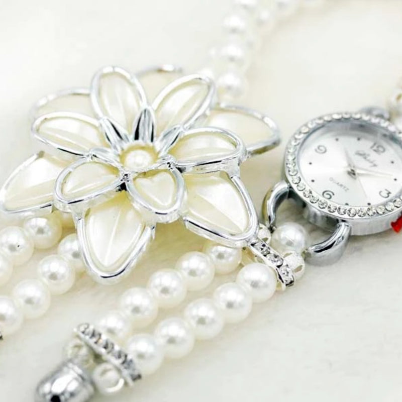 Rhinestone Flower Petals Embellished Pearl Strap Bracelet Watches