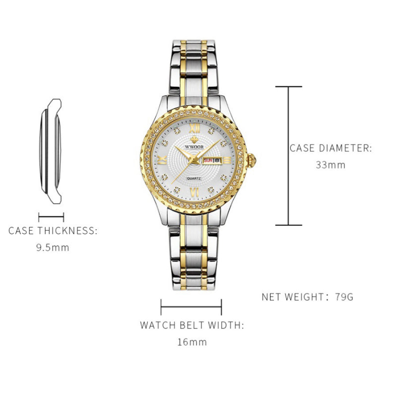 Classic Luxury Style Rhinestone Encrusted Stainless Steel Quartz Watches