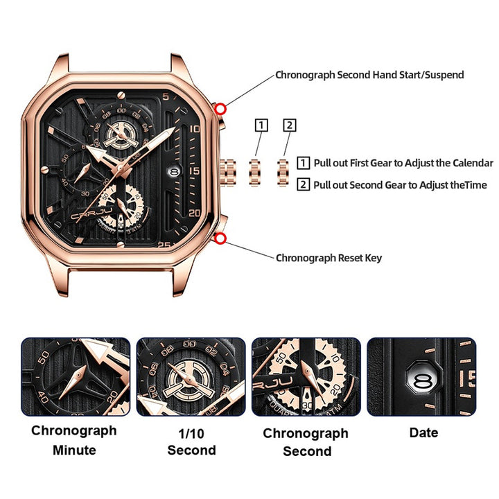 Square Fashion Luminous Dial Vegan Leather Strap Sports Chronograph Men's Watches