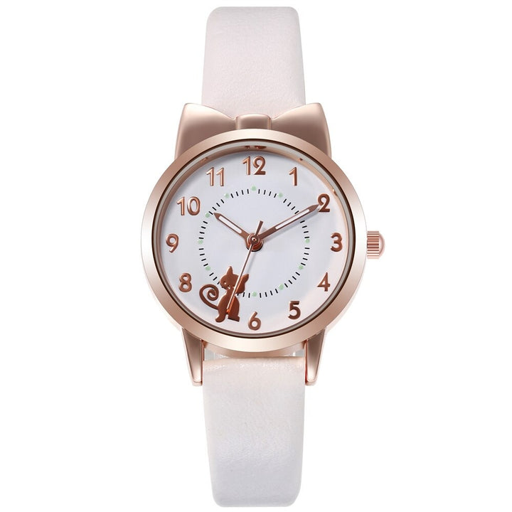 Cute Cat Pattern Bowknot Style Dial Vegan Leather Strap Quartz Watches