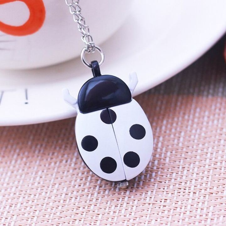 Bright-Colored Cartoon Ladybug Flip Cover Necklace Quartz Pocket Watches