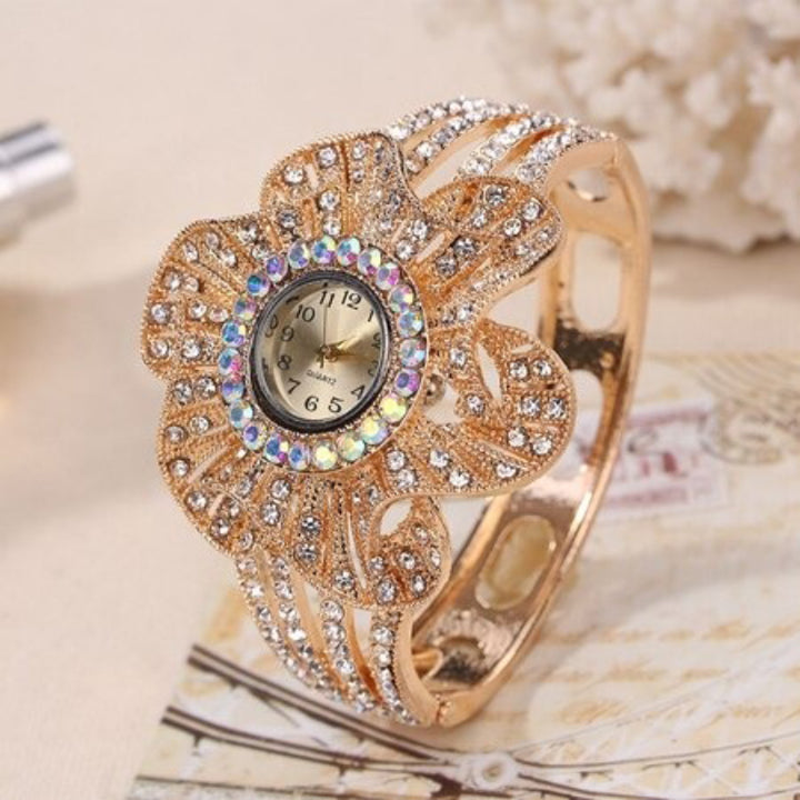 Bedazzled Multi-color Rhinestone Encrusted Flower Shape Bracelets Quartz Watches