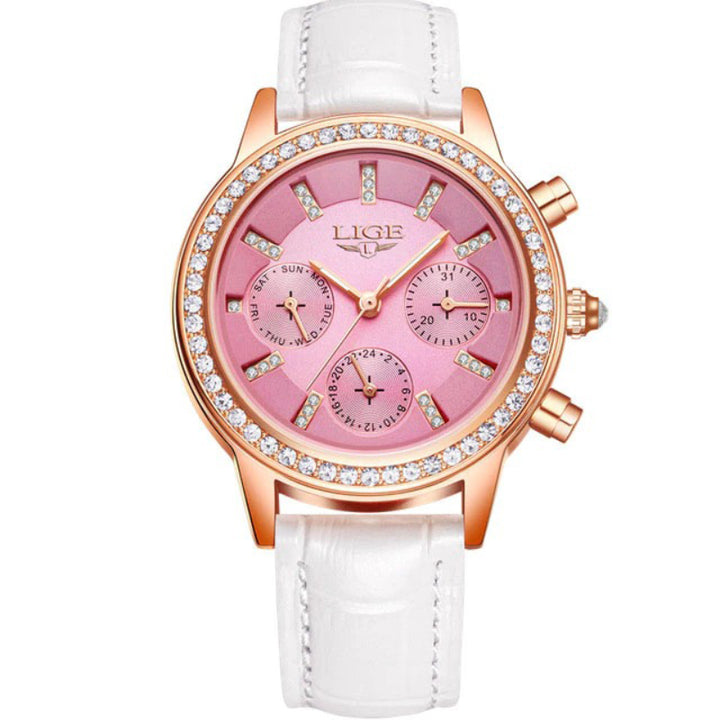 Sparkling Rhinestone Accent Luminous Vegan Leather Strap Quartz Watches