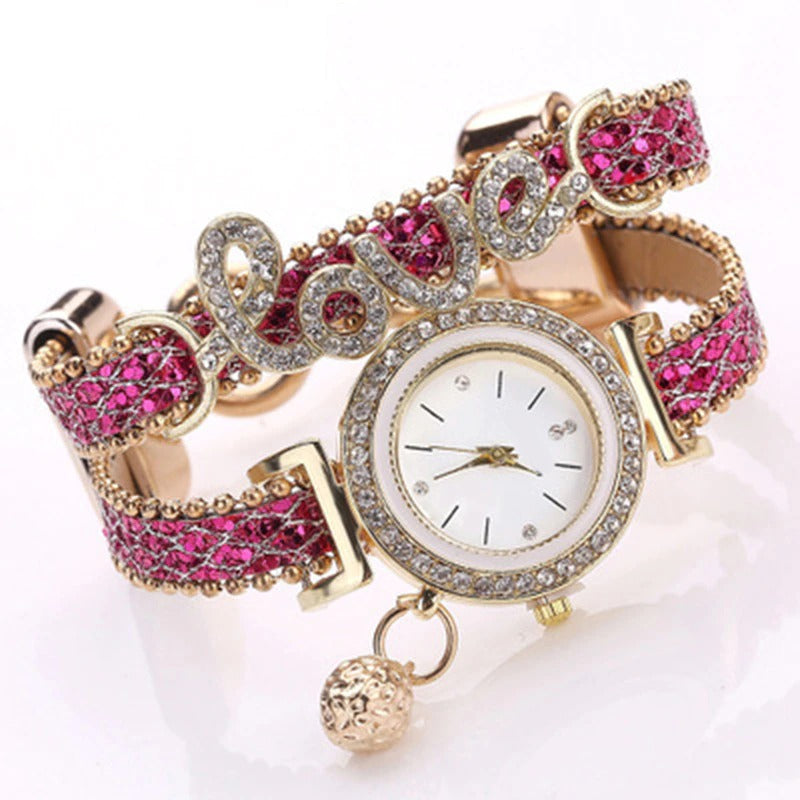 Sparkling Rhinestone Studded Love Heart Fashion Bracelet Quartz Watches