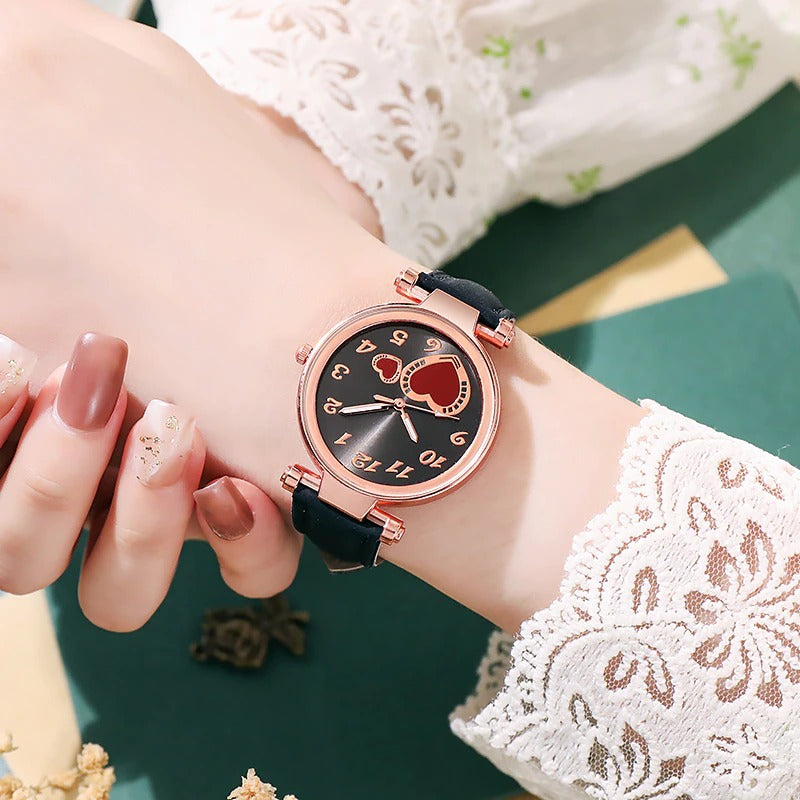 Women's Romantic Love Heart Dial with Vegan Leather Strap Quartz Watches