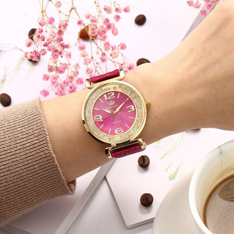 Shimmering Rhinestones with Frosted Vegan Leather Strap Quartz Watches