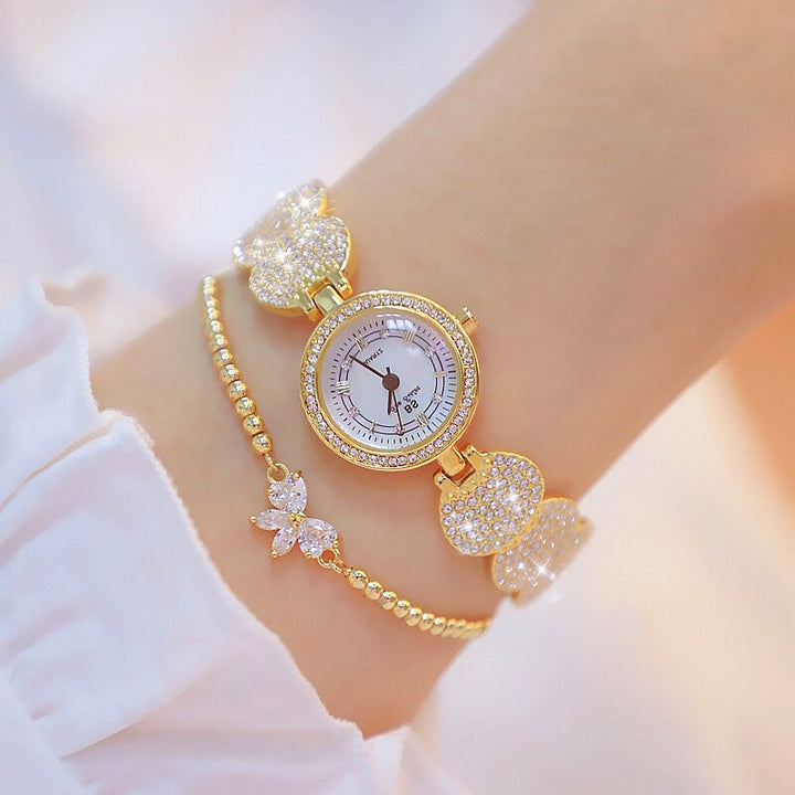 Deluxe Bejeweled Rhinestone Quartz Watches with Bow Charm Bracelet