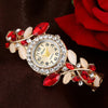 Luxury Rhinestone Leaf Round Dial Open Bracelet Quartz Watches