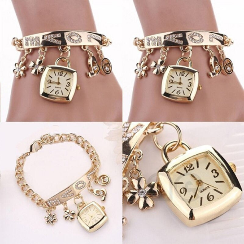 Women's Stylish Rhinestone Flower and Heart Charms Quartz Wristwatch