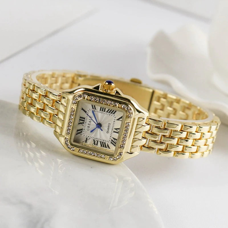 Rhinestone Accented Square Case Roman Numeral Dial Quartz Watches