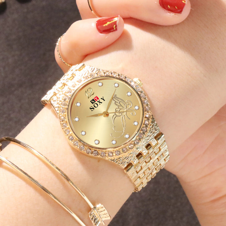 Sophisticated Rhinestone Adorned Butterfly Dial Quartz Watches